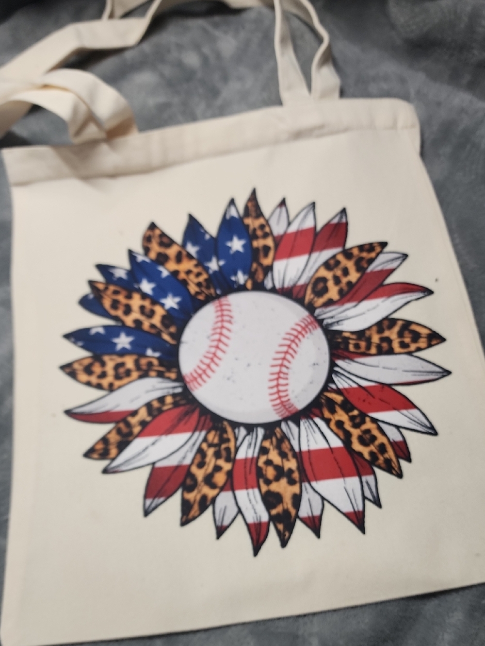 Baseball Sunflower Tote Bag - Cream with Red, Blue & Leopard Print. 13x15.
